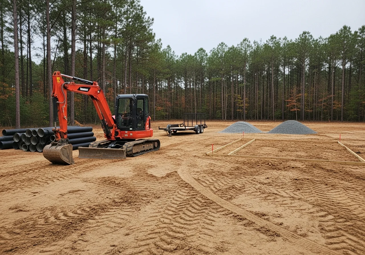 Construction equipment and tools on a cleared job site, ready for site preparation and drainage work.