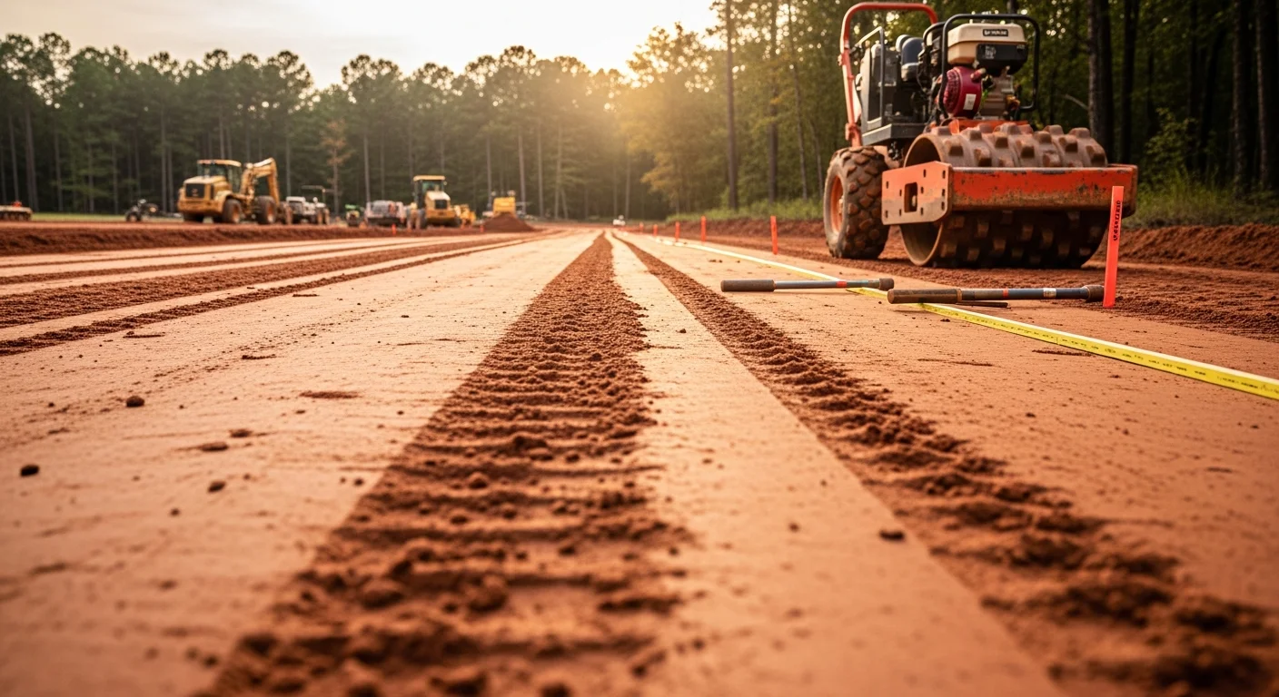 Base course aggregate being placed and compacted on a road construction project in Forest, Mississippi, preparing the surface for paving.