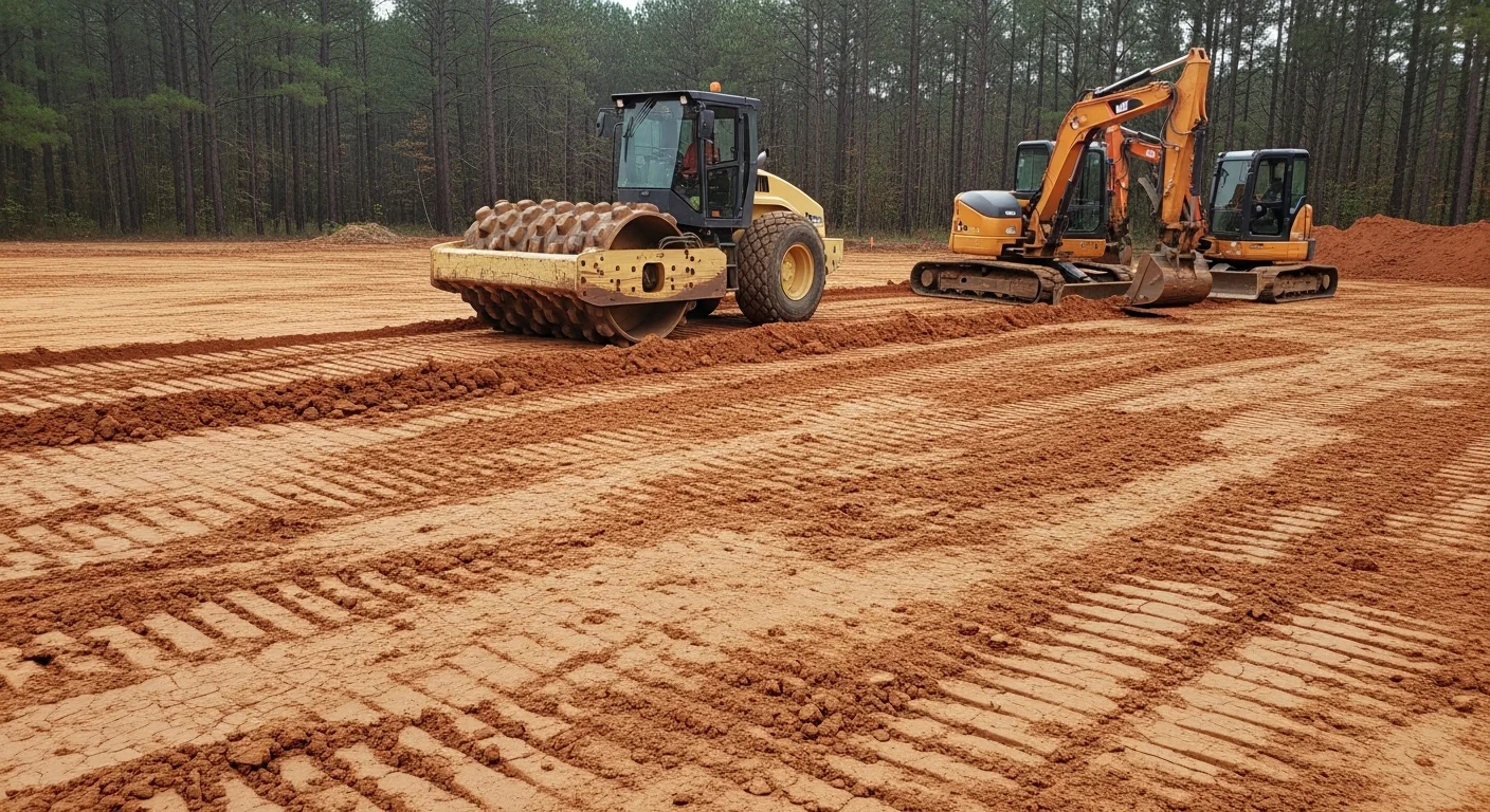 A commercial building pad site in Forest, Mississippi after grading and compaction, showing a level, cleared earth surface with drainage slopes visible and surrounding tree line in the background.