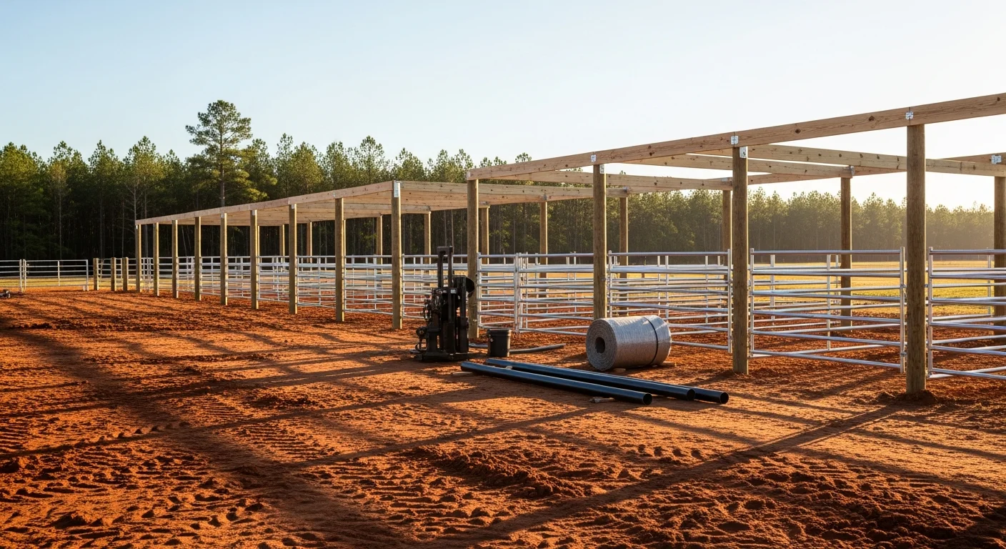 A custom cattle working facility with a catch pen, sorting alley, and swing gates built on a Mississippi farm property. Heavy posts are set into firm ground with a connected crowding pen and loading area visible in the background.