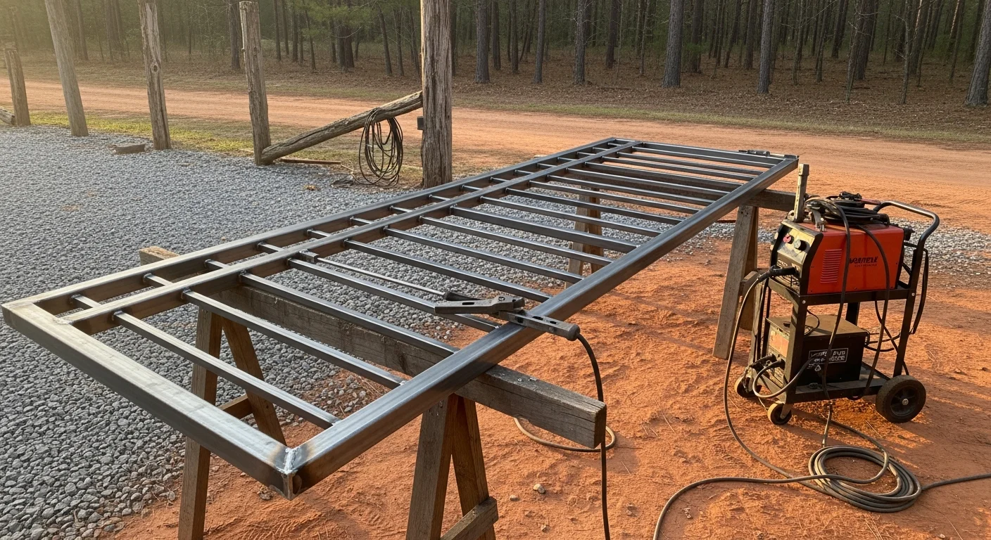 A custom welded metal driveway gate installed at a residential property entrance in Forest, fabricated by Ferrell Construction and Land Management, LLC. The gate spans a gravel driveway bordered by a wood post fence line on a rural lot.