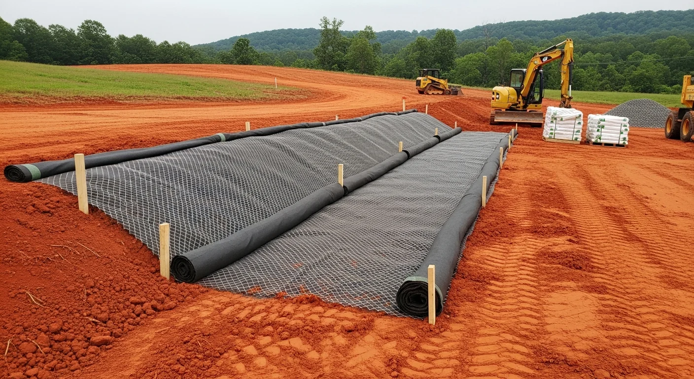 Erosion control silt fence installed along a disturbed construction site in Forest, Mississippi, protecting adjacent land and waterways.