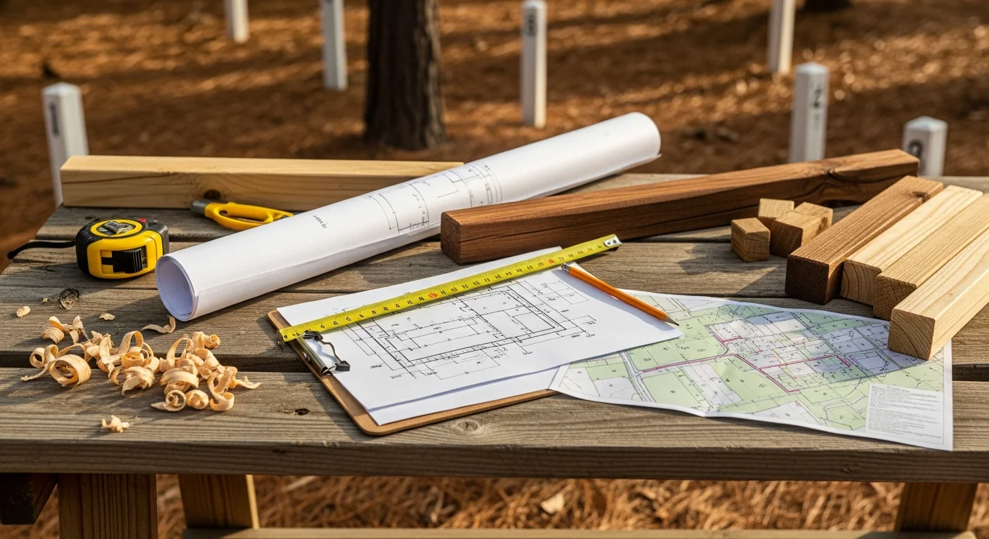 A fence contractor reviewing a residential property layout with a homeowner on a wooded lot in Forest, Virginia. The consultation shows a planned fence line marked along the yard perimeter near a tree line.