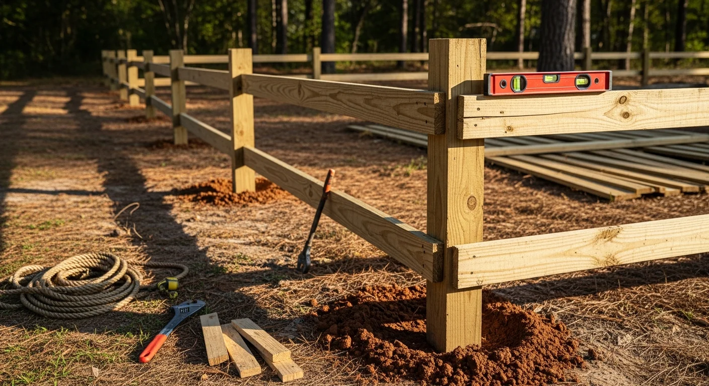 A repaired wooden fence line on a rural property in Forest, MS, with freshly set posts and replaced rails standing straight after storm damage. A pipe fence corral section is visible in the background on a cleared lot.