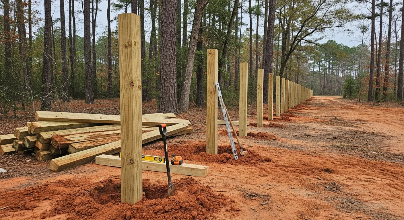A newly installed pipe fence running along a cleared rural property boundary in Forest, MS, with old fence materials removed and fresh posts set in open ground. The surrounding landscape shows the wooded terrain typical of Forest-area properties.