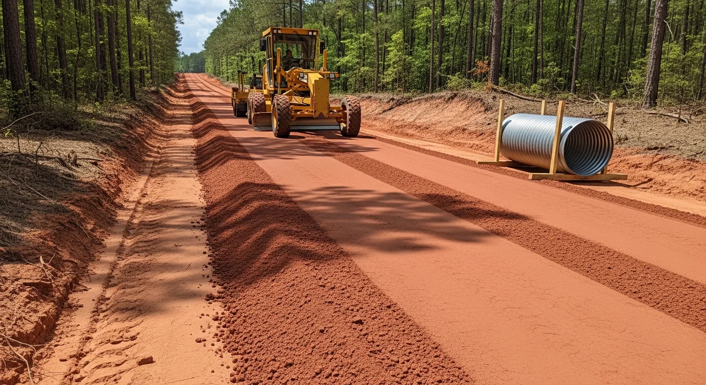 Road construction in progress on a rural property in Forest, Mississippi, showing graded subgrade and base course preparation.
