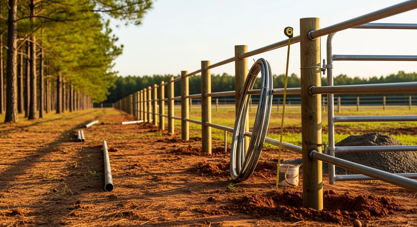 Steel pipe fence installed on a rural agricultural property in Forest, Mississippi, with concrete-set posts and welded rails containing livestock pasture.