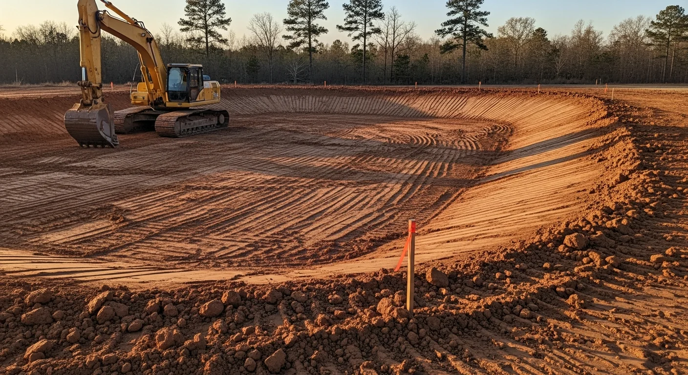 A newly constructed pond on a rural property in Forest, Mississippi with a clean embankment and clear water, surrounded by open land.