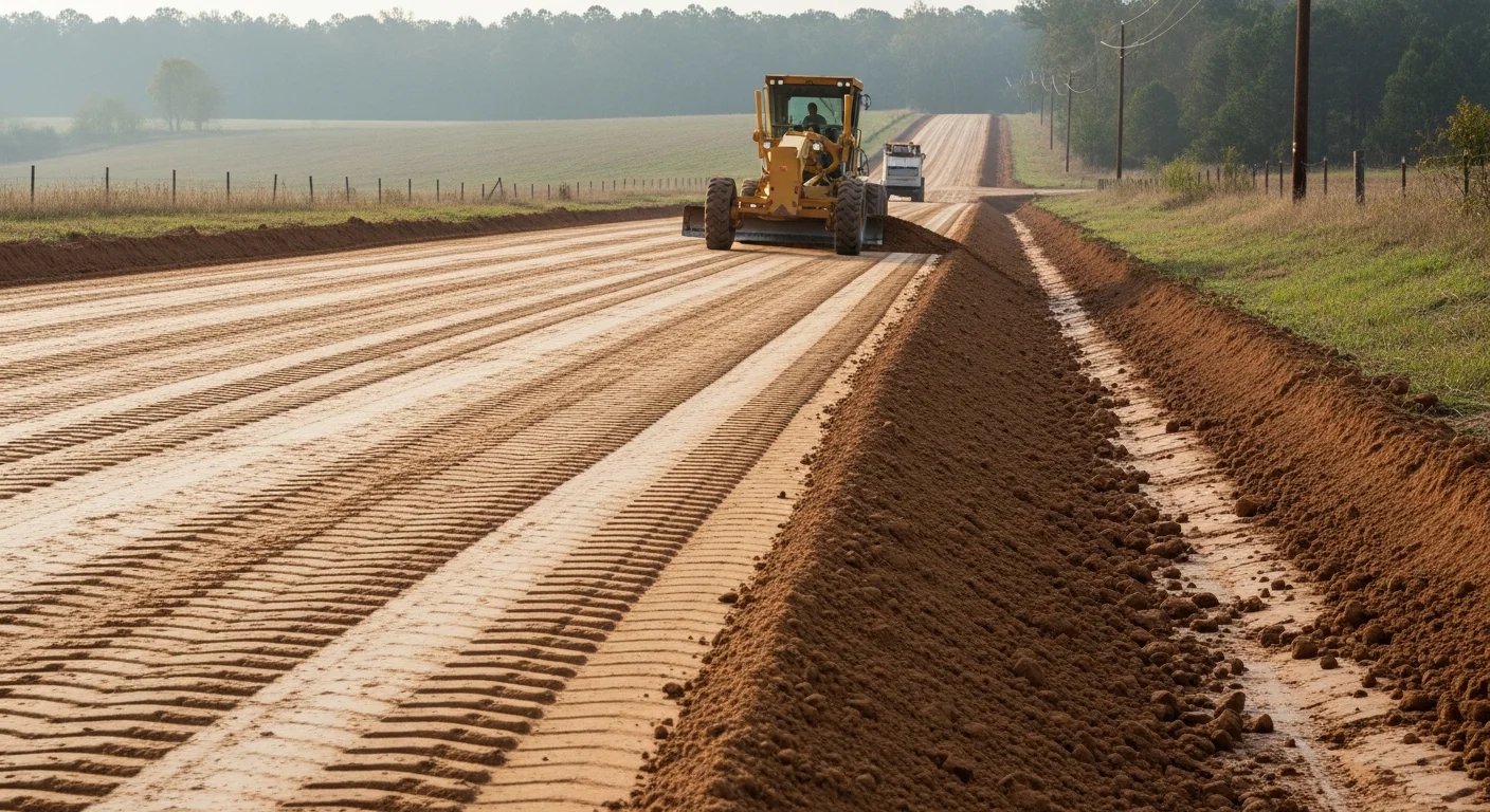 Motor grader reshaping a gravel road surface on a rural property in Forest, Mississippi, restoring crown and drainage.