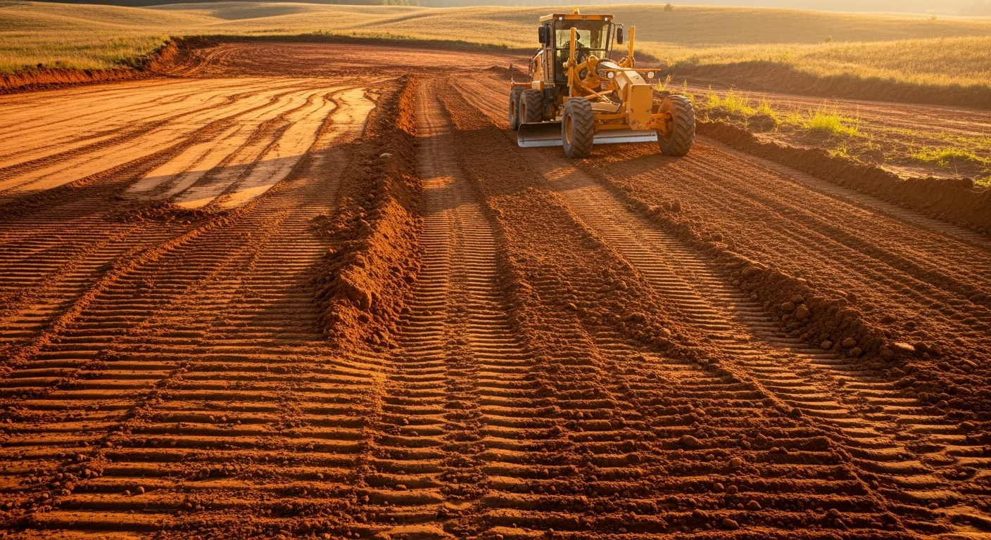 Site grading in progress on a construction site in Forest, Mississippi, with heavy equipment establishing drainage slopes and building pad elevations.