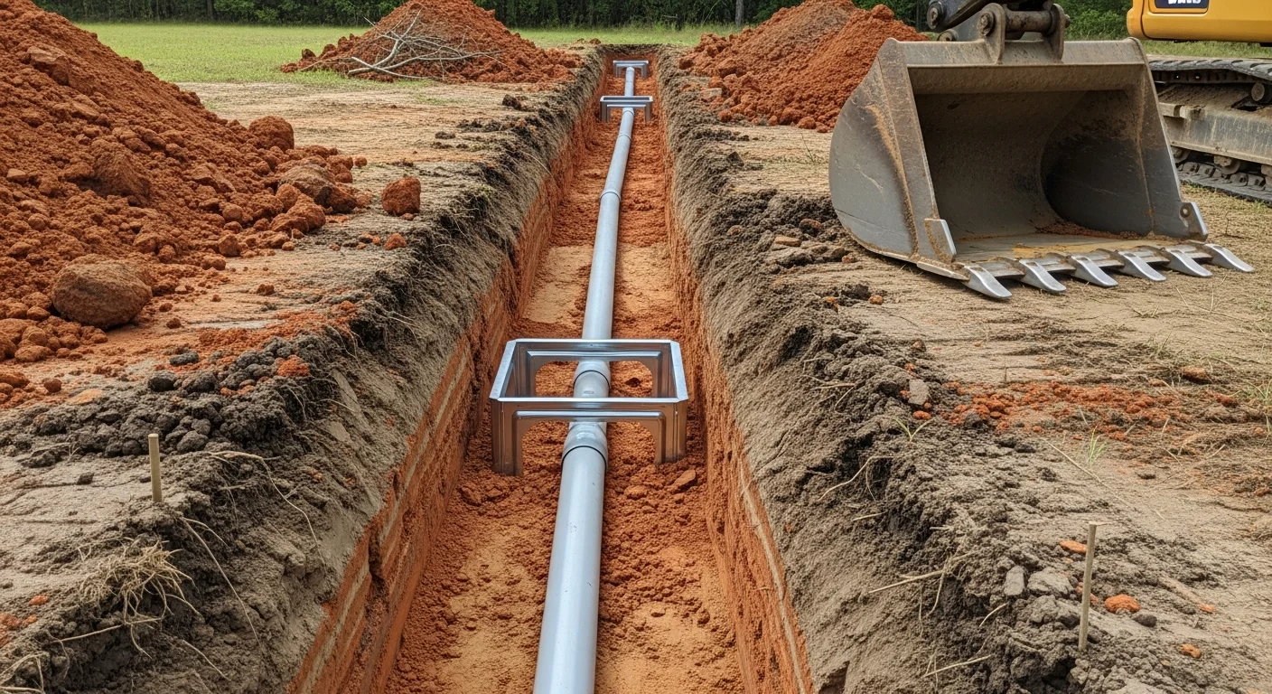 Storm drainage culvert installation on a rural property in Forest, Mississippi, showing excavated trench and pipe placement for water management.