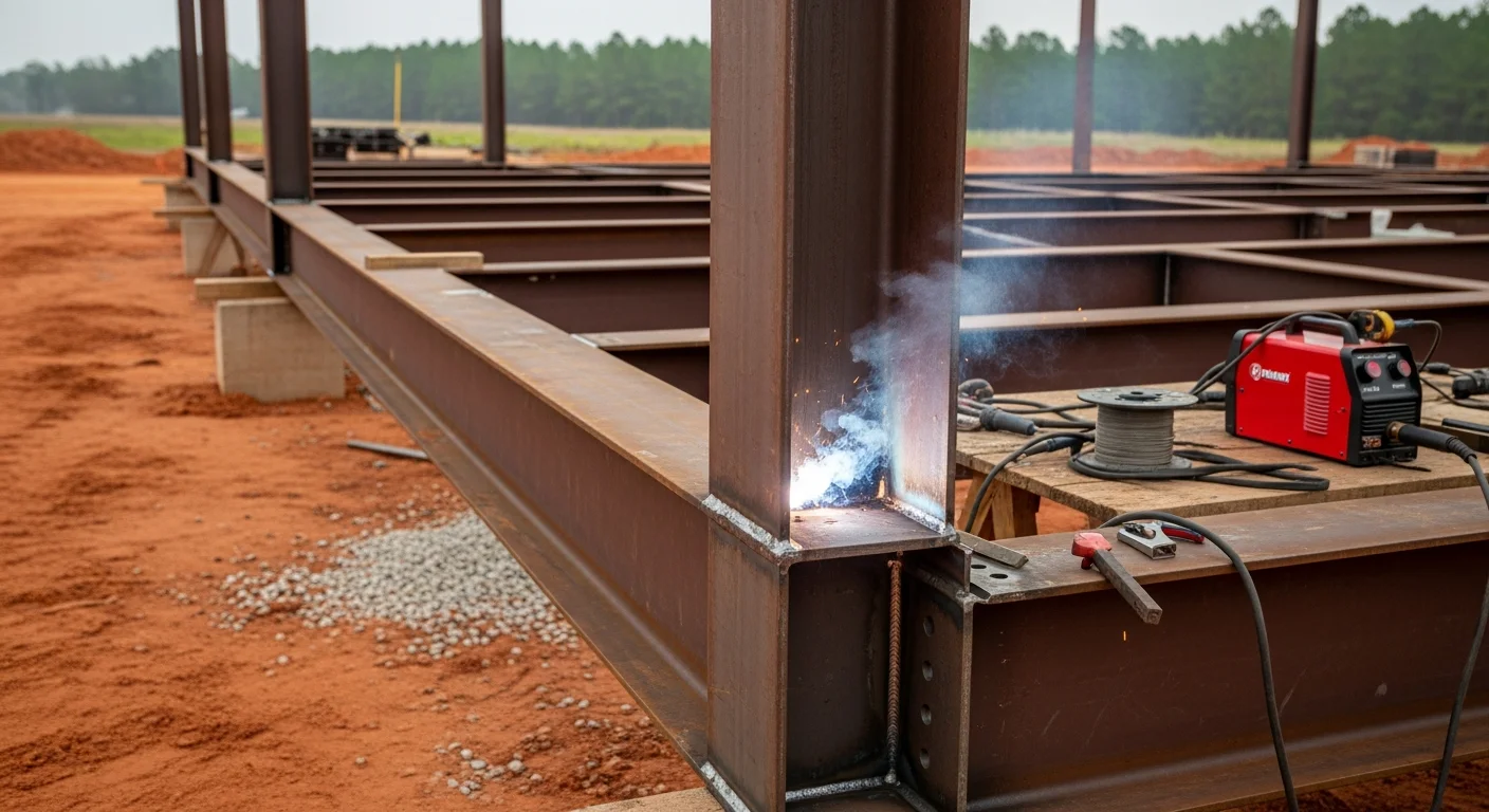 A welder in full protective gear performing structural steel welding on a load-bearing beam frame at a construction site in Forest, VA. Bright weld arc and steel column connections are visible against a rural Virginia backdrop.