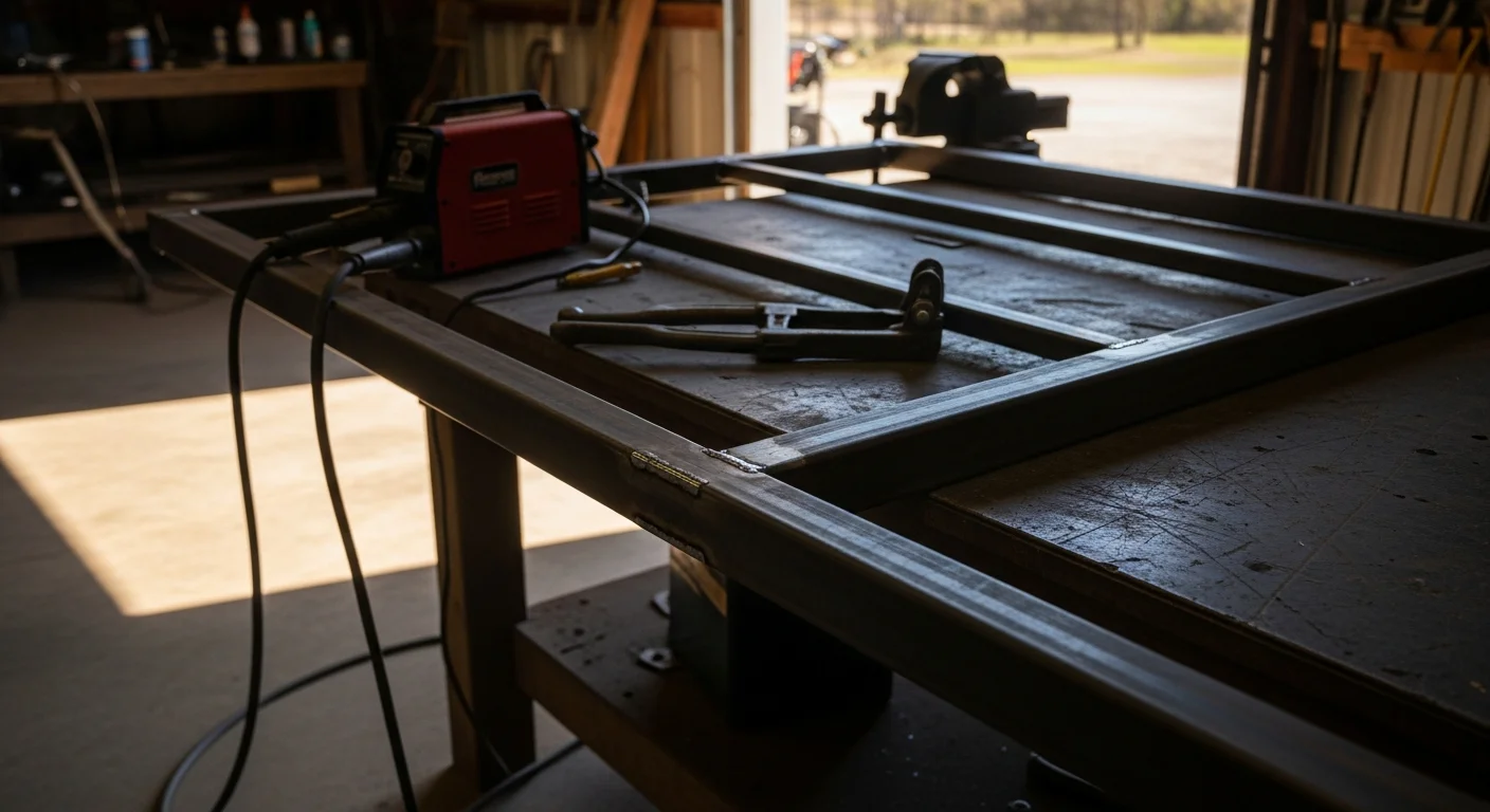 A welder at a rural Forest property repairing a heavy-duty metal equipment frame, with sparks visible against a clear outdoor background. The finished weld shows a clean, solid bead along a structural joint on agricultural equipment.